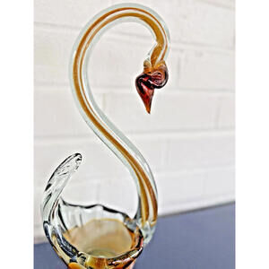 Murano-style Swan, gold, Yellow, clear, white swan dish, blown glass, MCM